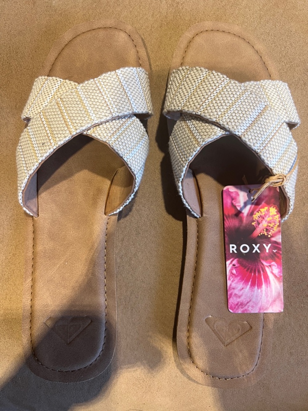 Roxy Women's Neutral Woven Crisscross Slide Sandals - Beige